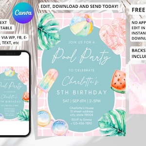 Editable Pool Party Invitation, Girl Pool Birthday Party, Pastel Invite, Summer Birthday Party, Swimming Party, Digital, Printable, JEF094