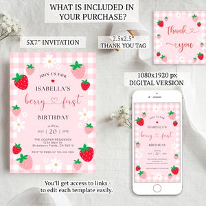 Berry First Birthday Invitation, Editable 1st Birthday Girl Invite, Printable Strawberry First Birthday Girl Invitation Template JEFF19 image 2