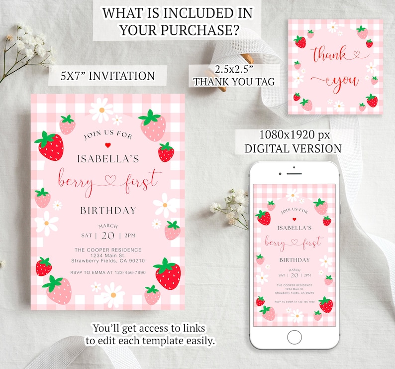 Berry First Birthday Invitation, Editable 1st Birthday Girl Invite, Printable Strawberry First Birthday Girl Invitation Template JEFF19 image 2
