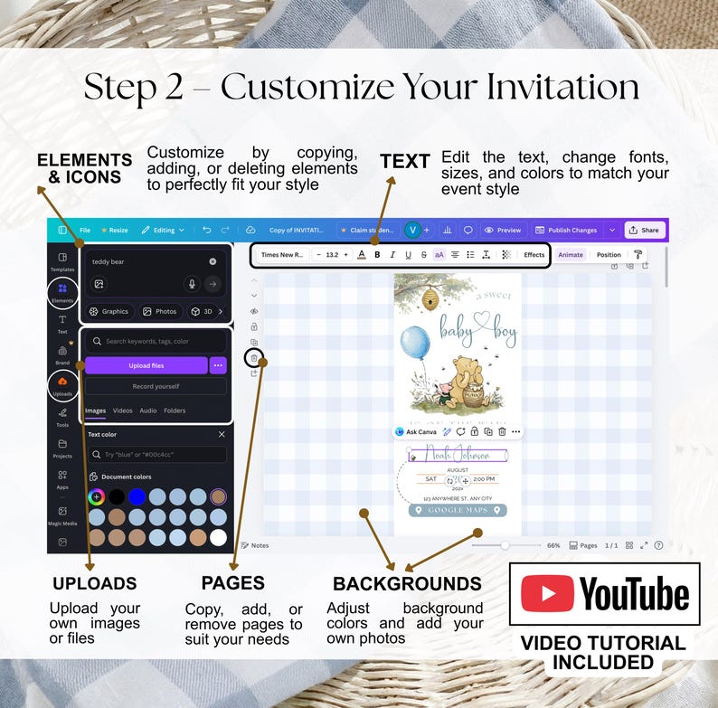 May include: A screenshot of a design platform interface, showing the customization of a baby shower invitation. The interface includes options for uploading images, editing text, and adjusting backgrounds. The invitation design features a Winnie the Pooh theme with a blue balloon and the text "baby boy."