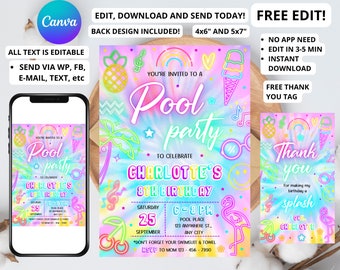 Editable pool party invitation, Glow neon invite, Tropical tie dye birthday pool party invitation swimming party instant download JEFF189LOV