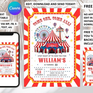Carnival Birthday Invitation, Circus Birthday Invitation, Carnival Invitation, Carnival circus thank you tag, Editable Template