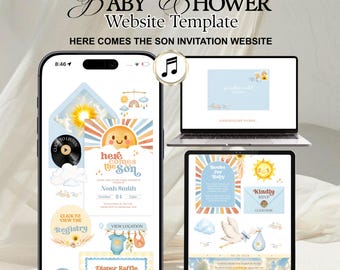Here Comes The Son Baby Shower Website Template with RSVP and music | Editable Canva Template JEF19