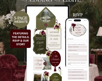 Olive Green & Burgundy Floral Wedding Website with RSVP Function: Editable Canva Template (Digital Download) JEF27