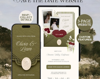 Olive Green Save the Date Website Template | Digital Wedding Invitation with RSVP | Instant Download JEF192