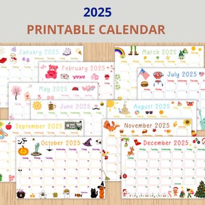 Calendario stampabile 2025, calendario carino per bambini 2025, calendario da parete PDF, calendario modificabile, pianificatore mensile per bambini, calendari per la scuola domestica, animato JEF19