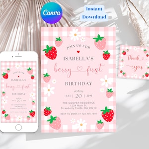 Berry First Birthday Invitation, Editable 1st Birthday Girl Invite, Printable Strawberry First Birthday Girl Invitation Template JEFF19 image 6