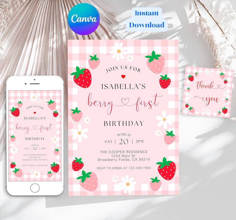 Berry First Birthday Invitation, Editable 1st Birthday Girl Invite, Printable Strawberry First Birthday Girl Invitation Template JEFF19 image 6