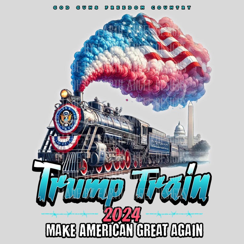 May include: A vibrant illustration showcases a vintage-style steam train, adorned with patriotic red, white, and blue bunting, billowing smoke in the shape of an American flag. The train is set against a backdrop featuring the US Capitol building and Washington Monument.  The text 'Trump Train 2024' is prominently displayed, along with the slogan 'Make American Great Again'. The top of the image includes the text 'GOD GUNS FREEDOM COUNTRY'.
