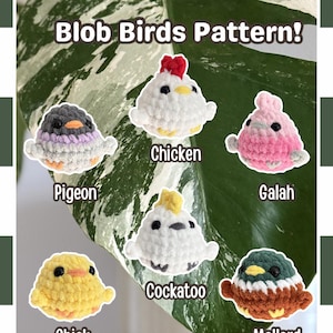 May include: Six small, round, crocheted bird figures labelled Blob Birds Pattern! including a grey and purple pigeon, a white chicken with a red comb, a pink galah, a yellow chick, a white cockatoo with a yellow crest, and a brown and green mallard.