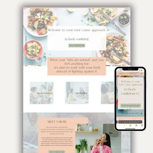 May include: A website design with the text "Welcome to your root-cause approach to body confidence!" and a smartphone displaying the same message. The design includes images of food and a woman in a pink shirt.