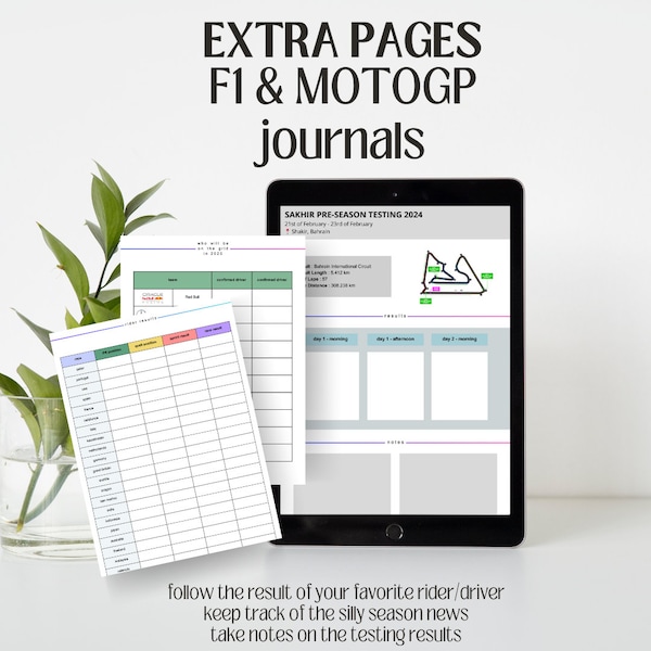 Extra pages for your F1/MotoGP digital journal (driver/rider results, testing results, silly season tracking)
