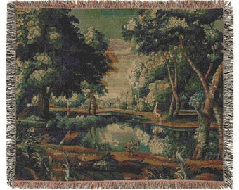 French Tapestry Woven Blanket: Verdure Pond Art Throw