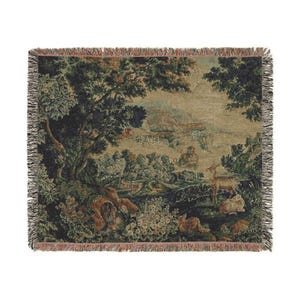 Verdure Tapestry Woven Blanket, Woodland Animals Scene, Cotton Throw 60" × 50"