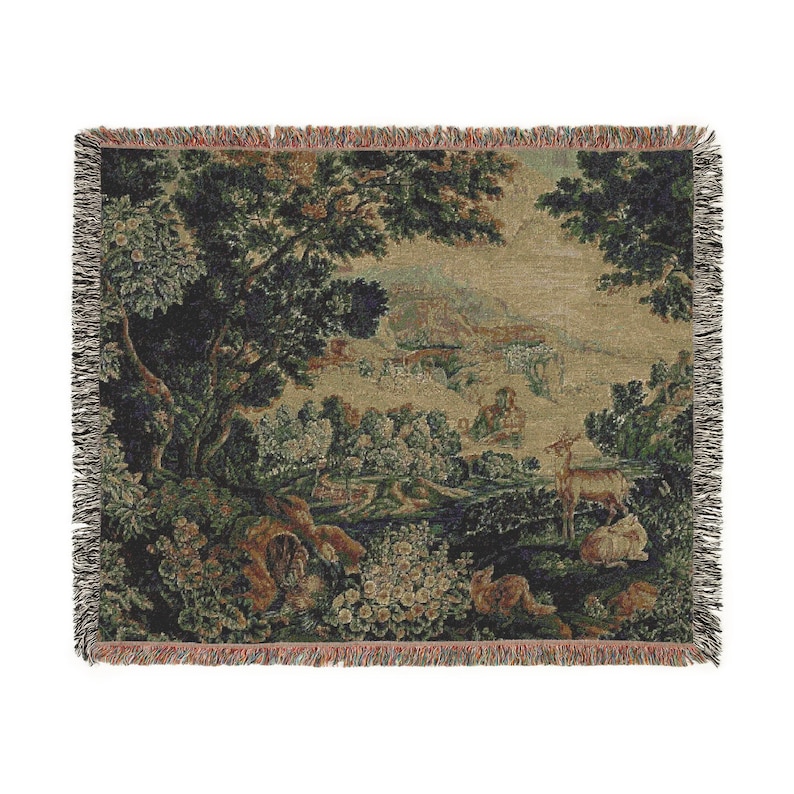 Verdure Tapestry Woven Blanket, Woodland Animals Scene, Cotton Throw 60" × 50"