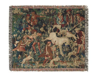 Medieval Unicorn Tapestry Blanket: Woven Cotton Throw, Fantasy Decor