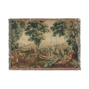 French Verdure Tapestry Blanket: Rococo Shepherdess Scene, Antique Style Decor 52'' × 37''