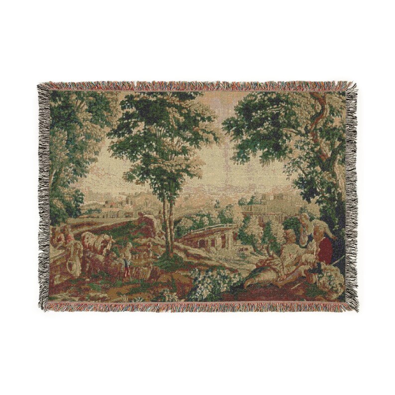 French Verdure Tapestry Blanket: Rococo Shepherdess Scene, Antique Style Decor 52'' × 37''