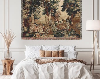 French Verdure Tapestry Blanket: Woven Cotton Garden Scene Throw