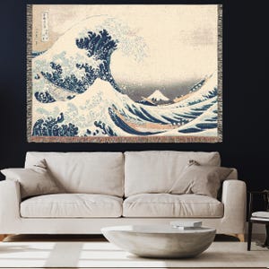 Woven Tapestry Blanket - The Great Wave - Hokusai Japanese Art Throw, Cotton Blanket, Block Print Bedspread, Asian Wall Hanging, Gift Idea