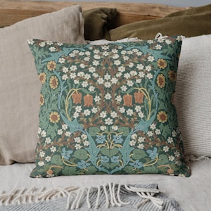 Blackthorn Woven Throw Pillow, William Morris Botanical Home Decor, Moss Green Floral Cushion, Farmhouse Accent, Cottage Core Vintage Design