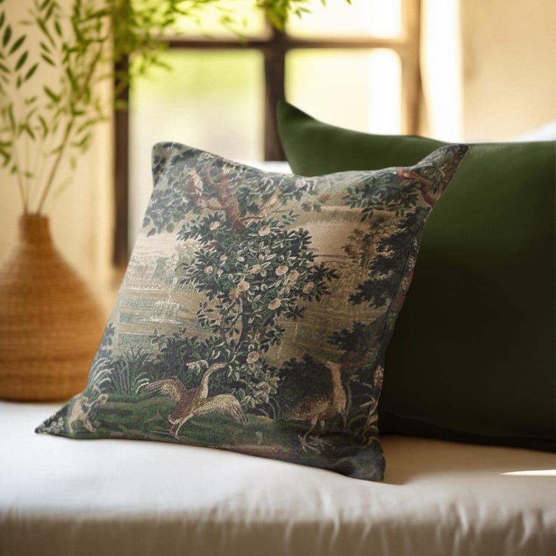 French Tapestry Woven Pillow: Verdure Chateau Garden Design image 2