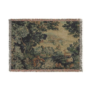Verdure Tapestry Woven Blanket, Woodland Animals Scene, Cotton Throw 52'' × 37''