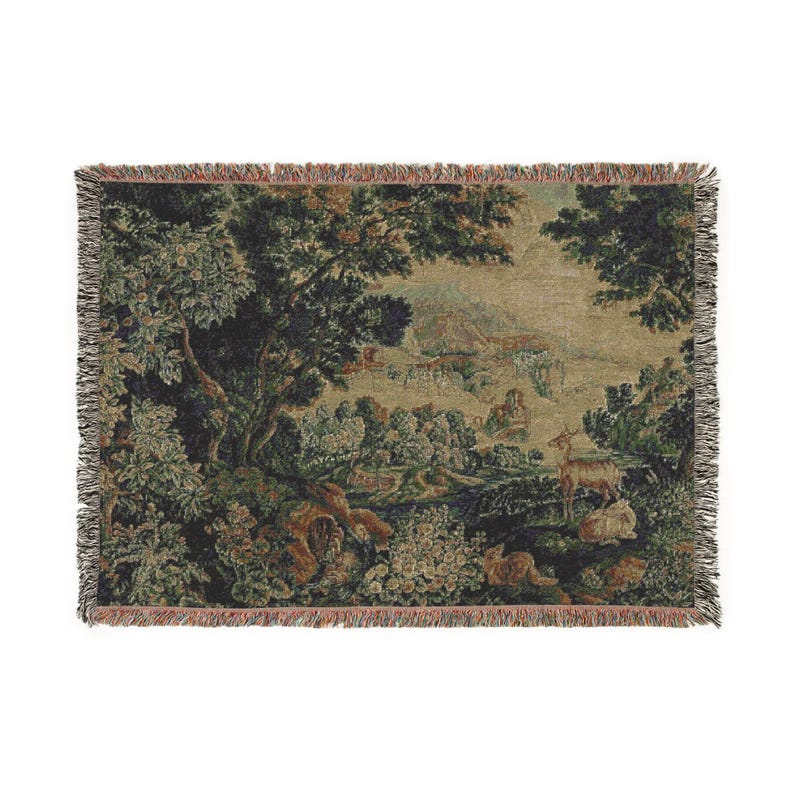 Verdure Tapestry Woven Blanket, Woodland Animals Scene, Cotton Throw 52'' × 37''