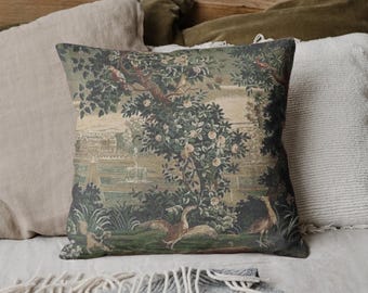 French Tapestry Woven Pillow: Verdure Chateau Garden Design