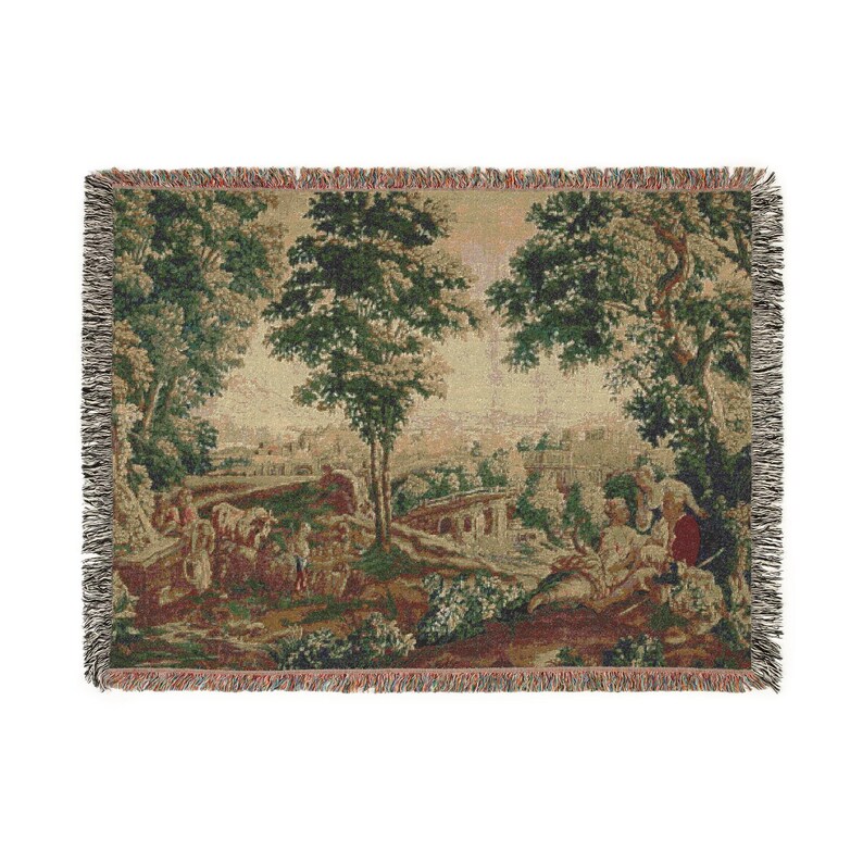 French Verdure Tapestry Blanket: Rococo Shepherdess Scene, Antique Style Decor 80" × 60"