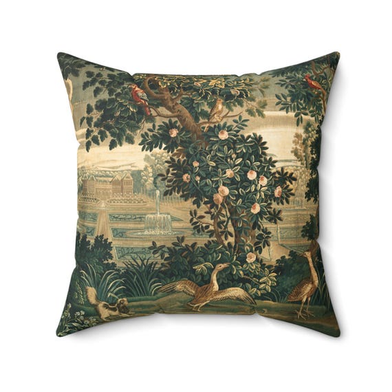 French Tapestry Throw Pillow: Verdure Art Print, Removable Insert