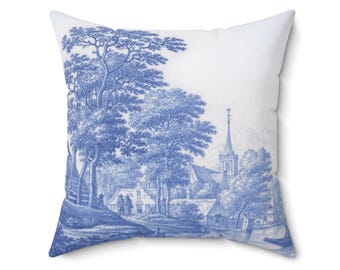 Blue Toile Pillow: Chinoiserie Delft Art Print, French Country Decor