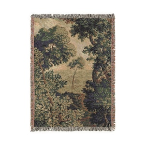 French Verdure Tapestry Blanket: Woven Cotton Antique Landscape Art 52'' × 37''