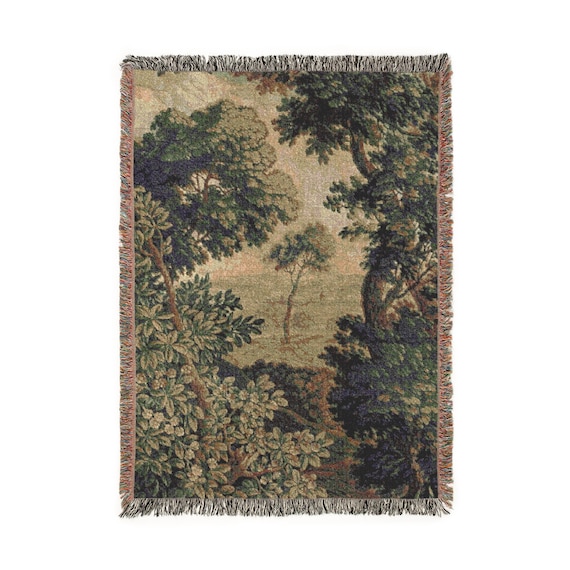 French Verdure Tapestry Blanket: Woven Cotton Antique Landscape Art