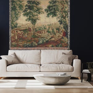French Verdure Tapestry Blanket: Rococo Shepherdess Scene, Antique Style Decor image 8