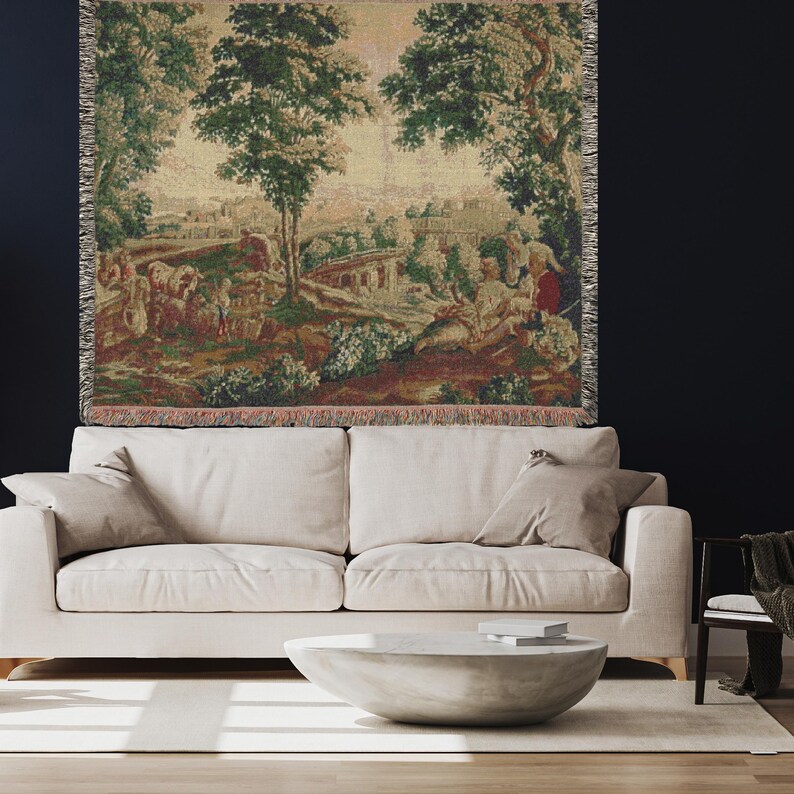 French Verdure Tapestry Blanket: Rococo Shepherdess Scene, Antique Style Decor image 8