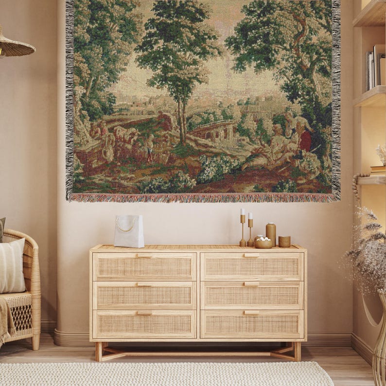 French Verdure Tapestry Blanket: Rococo Shepherdess Scene, Antique Style Decor image 4