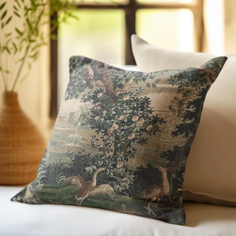 French Tapestry Woven Pillow: Verdure Chateau Garden Design image 8