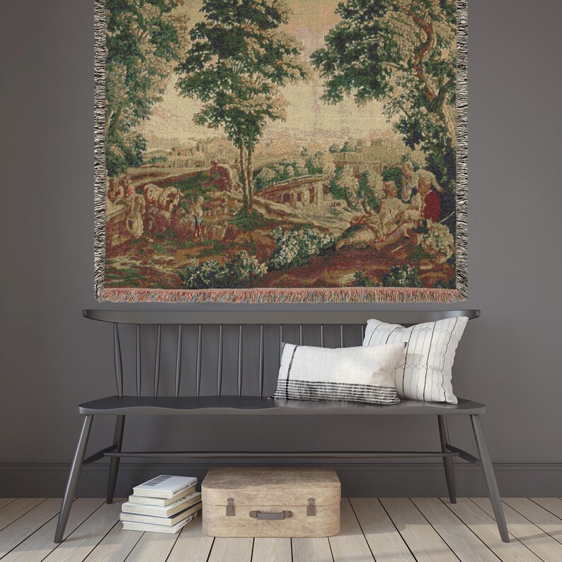 French Verdure Tapestry Blanket: Rococo Shepherdess Scene, Antique Style Decor image 3