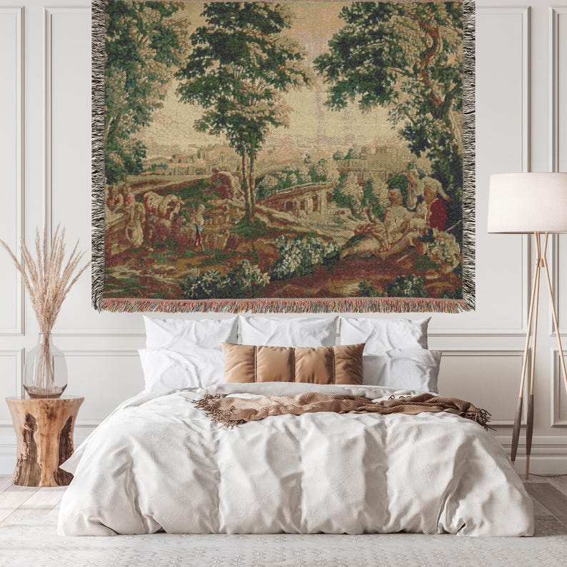 French Verdure Tapestry Blanket: Rococo Shepherdess Scene, Antique Style Decor image 2