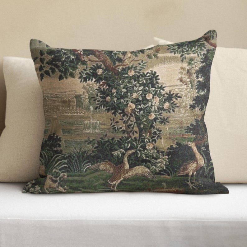 French Tapestry Woven Pillow: Verdure Chateau Garden Design image 3
