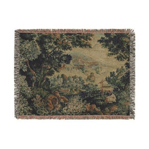 Verdure Tapestry Woven Blanket, Woodland Animals Scene, Cotton Throw 80" × 60"