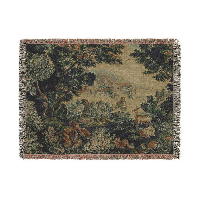 Verdure Tapestry Woven Blanket, Woodland Animals Scene, Cotton Throw 80" × 60"