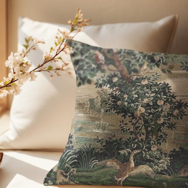 French Tapestry Woven Pillow: Verdure Chateau Garden Design image 5