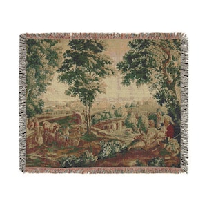 French Verdure Tapestry Blanket: Rococo Shepherdess Scene, Antique Style Decor 60" × 50"