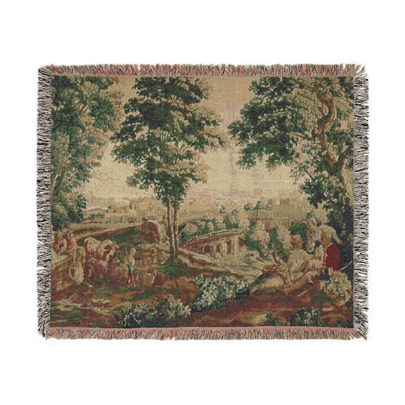French Verdure Tapestry Blanket: Rococo Shepherdess Scene, Antique Style Decor
