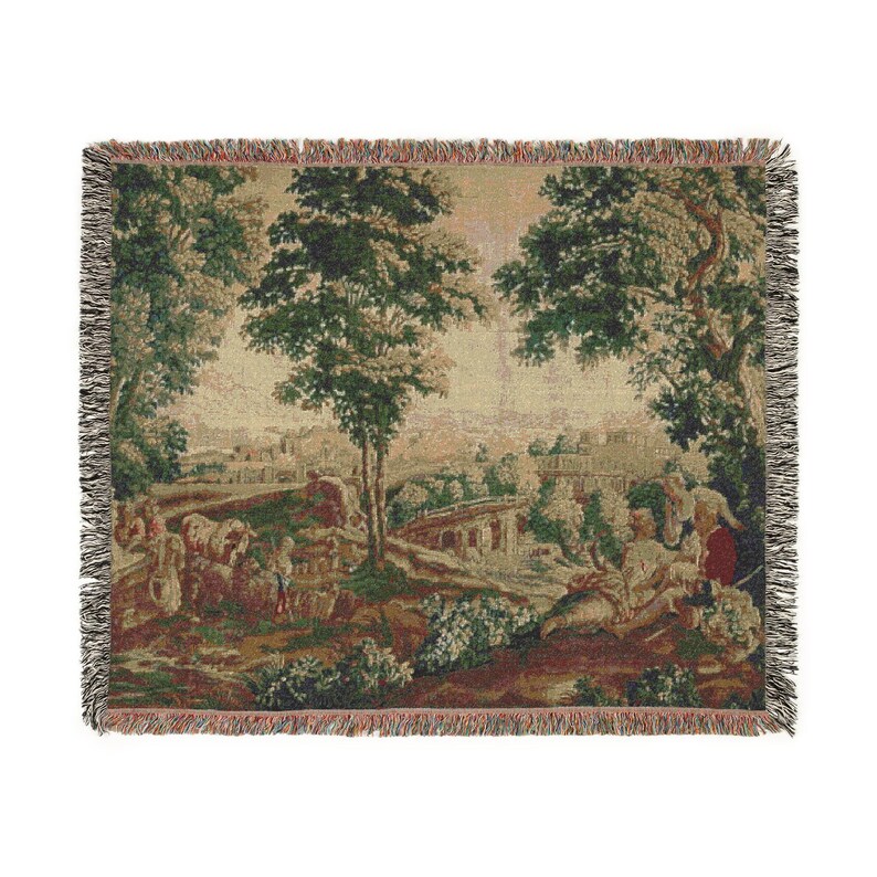French Verdure Tapestry Blanket: Rococo Shepherdess Scene, Antique Style Decor 60" × 50"