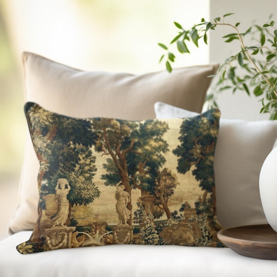 French Verdure Tapestry Lumbar Pillow: Antique Style Decor, 20x14