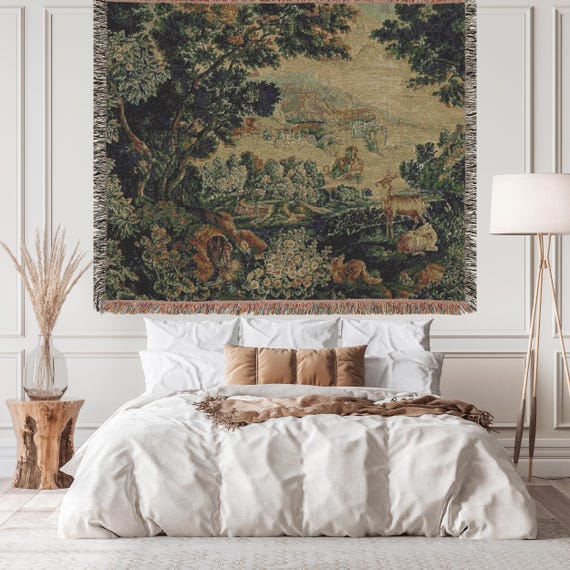 Verdure Tapestry Woven Blanket, Woodland Animals Scene, Cotton Throw