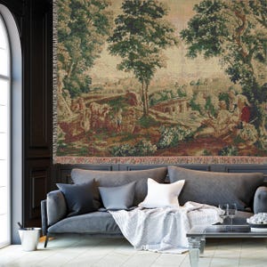 French Verdure Tapestry Blanket: Rococo Shepherdess Scene, Antique Style Decor image 5